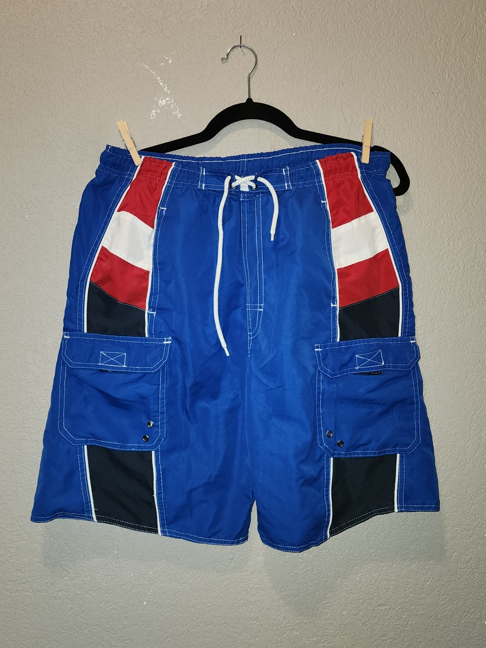North 15 Wear Men's Blue Cargo Swim Shorts with Red & White Panels | Medium